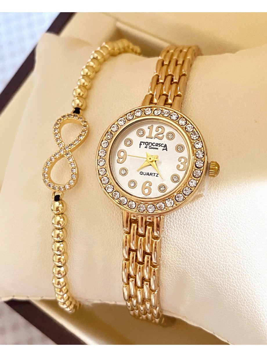 Ceas dama auriu cu bratara metalica si cadran cu pietricele