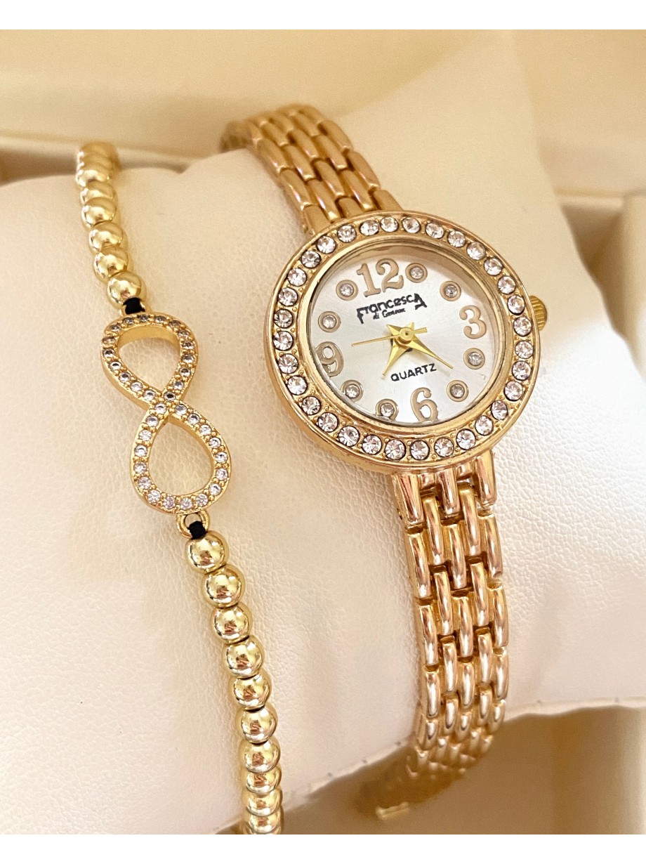 Ceas dama auriu cu bratara metalica si cadran cu pietricele