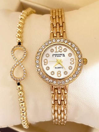 Ceas dama auriu cu bratara metalica si cadran cu pietricele