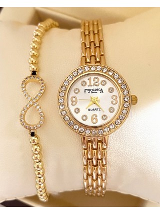 Ceas dama auriu cu bratara metalica si cadran cu pietricele