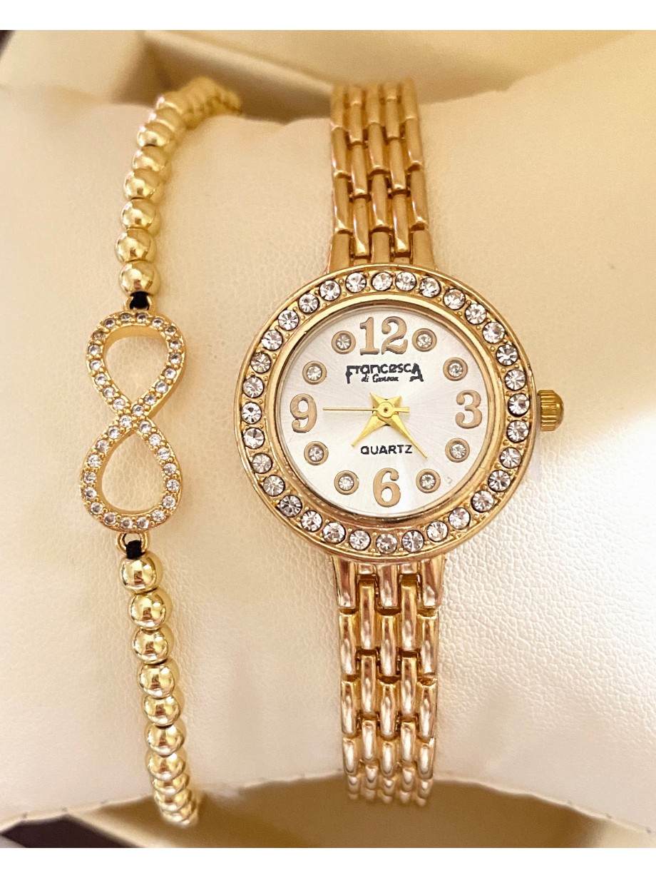 Ceas dama auriu cu bratara metalica si cadran cu pietricele