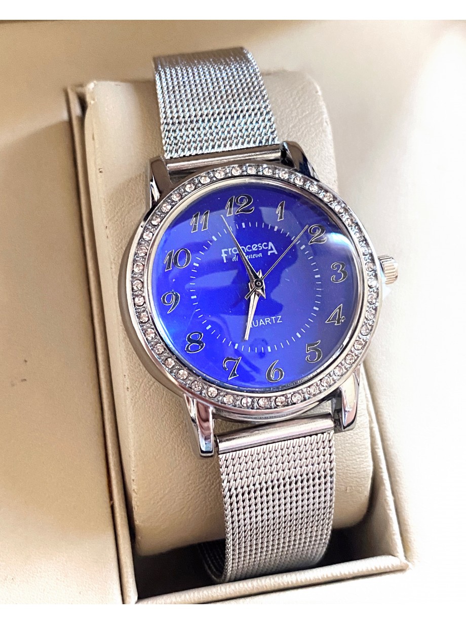 Ceas dama argintiu cu bratara metalica si cadran albastru