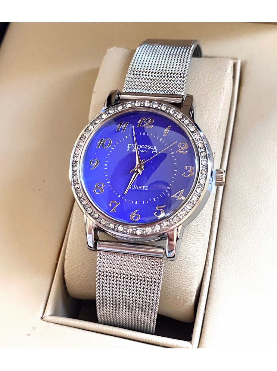 Ceas dama argintiu cu bratara metalica si cadran albastru