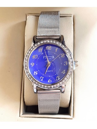 Ceas dama argintiu cu bratara metalica si cadran albastru