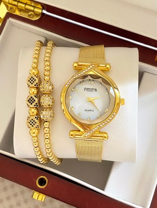 Ceas dama auriu cu bratara metalica si cadran alb