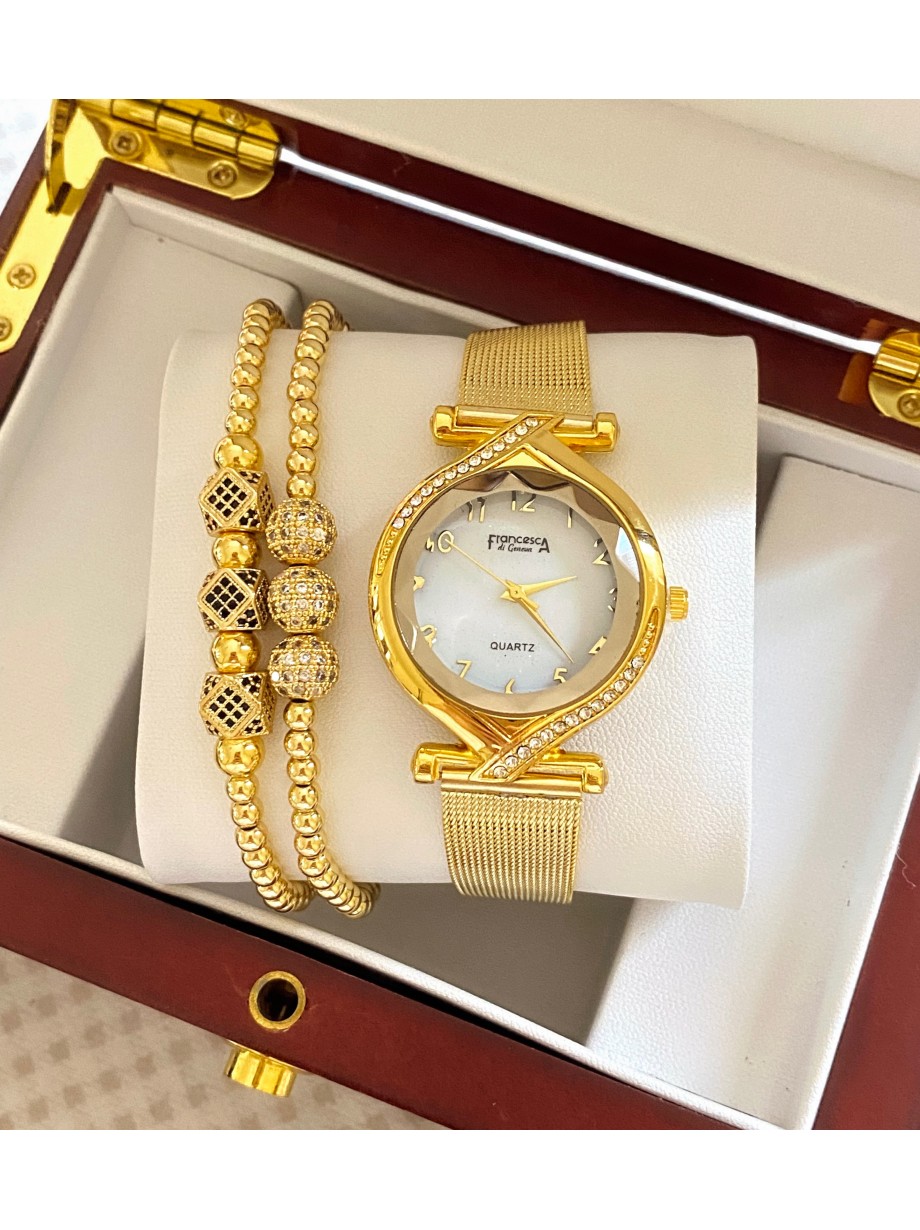 Ceas dama auriu cu bratara metalica si cadran alb