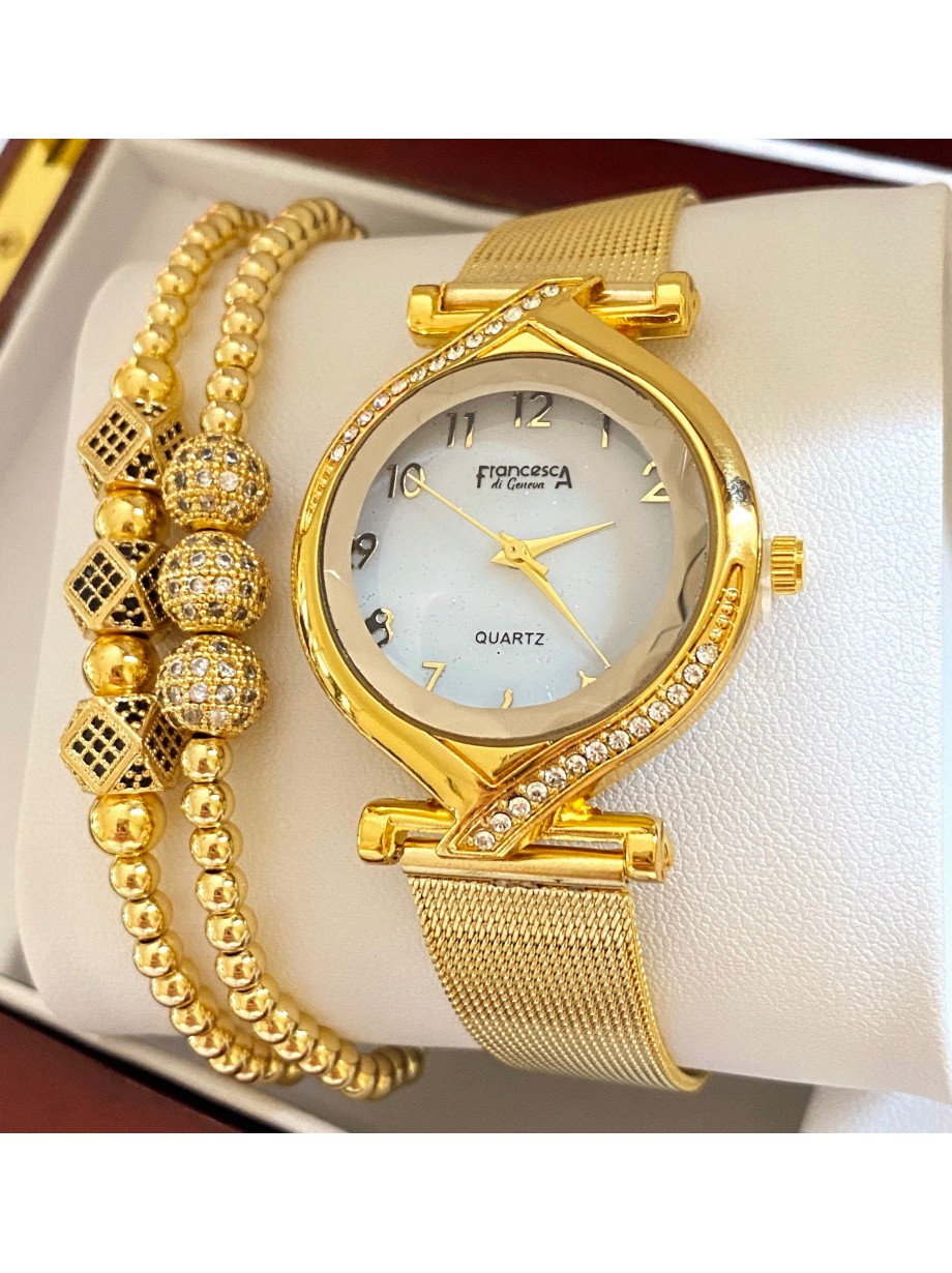 Ceas dama auriu cu bratara metalica si cadran alb