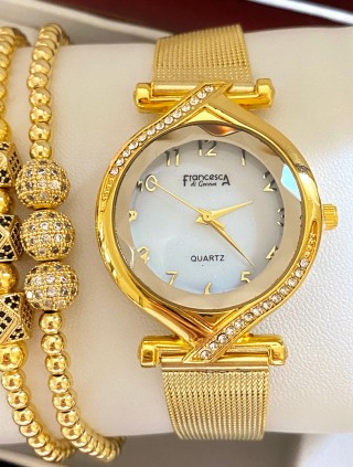 Ceas dama auriu cu bratara metalica si cadran alb