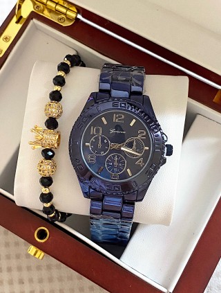 Ceas unisex bleumarin cu bratara metalica si cadran simplu