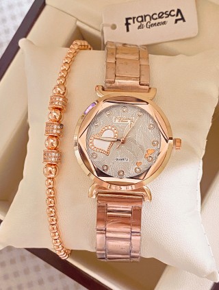 Ceas dama roze cu bratara metalica si cadran cu inimioara