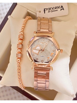 Ceas dama roze cu bratara metalica si cadran cu inimioara