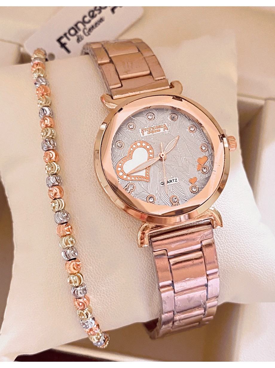 Ceas dama roze cu bratara metalica si cadran cu inimioara