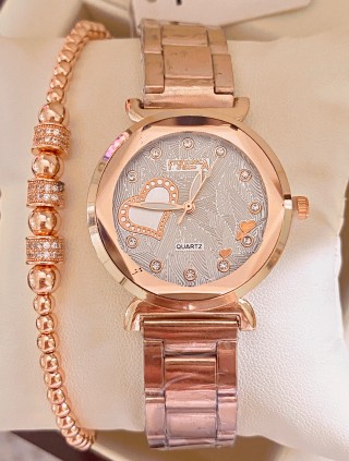 Ceas dama roze cu bratara metalica si cadran cu inimioara