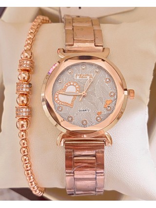 Ceas dama roze cu bratara metalica si cadran cu inimioara