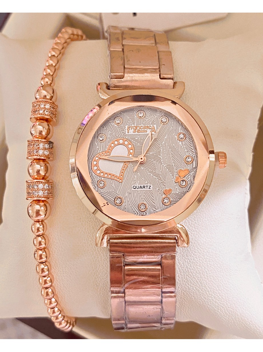 Ceas dama roze cu bratara metalica si cadran cu inimioara