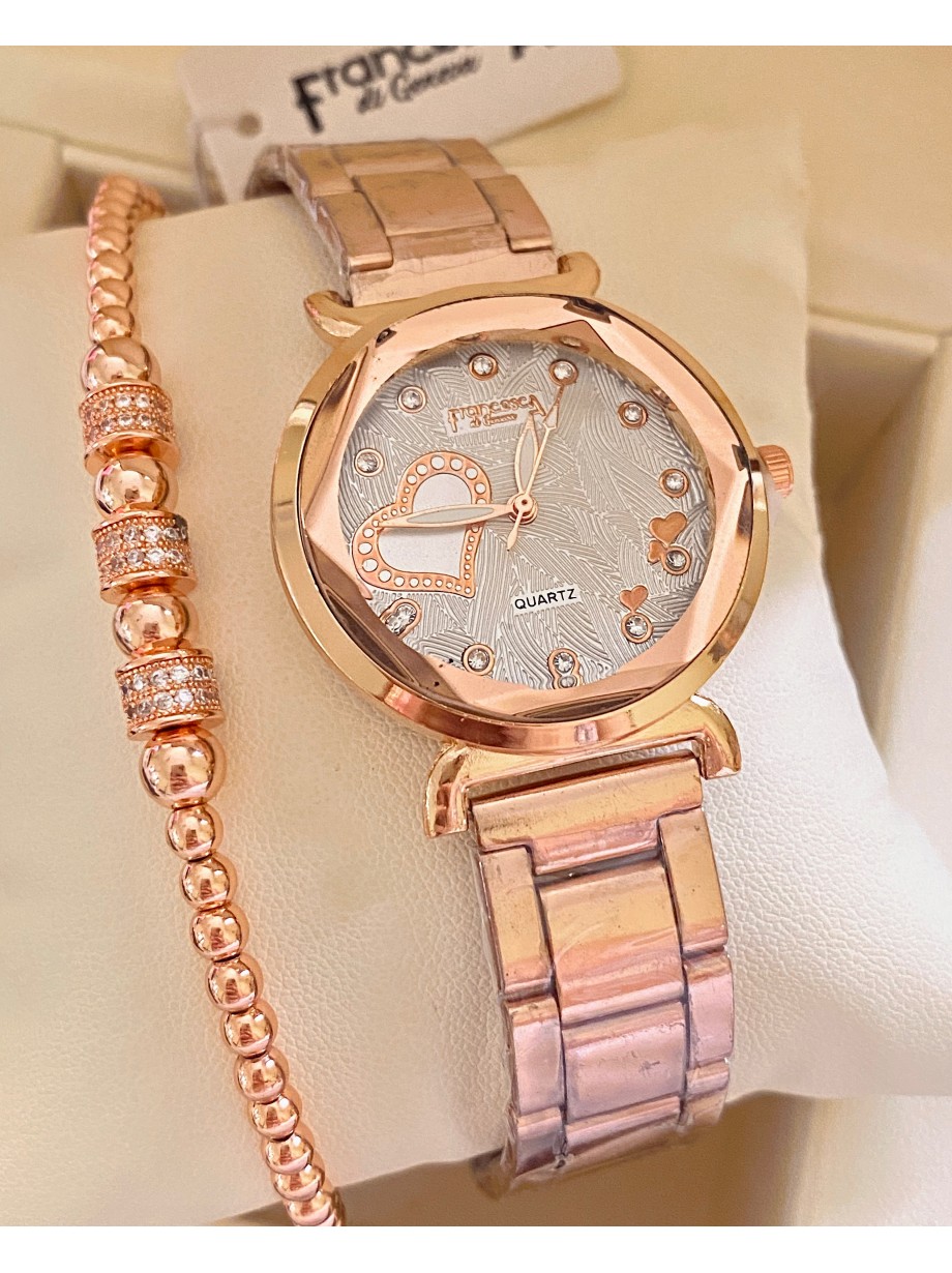 Ceas dama roze cu bratara metalica si cadran cu inimioara