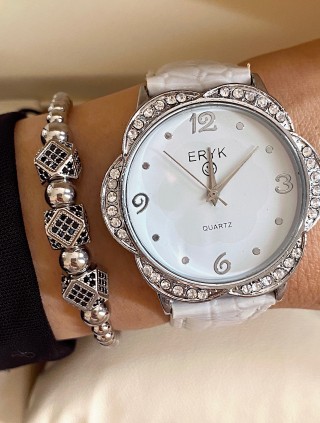 Ceas dama alb cu bratara din piele ecologica si cadran floare