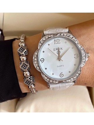 Ceas dama alb cu bratara din piele ecologica si cadran floare