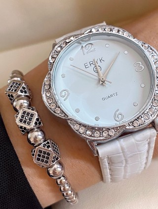 Ceas dama alb cu bratara din piele ecologica si cadran floare