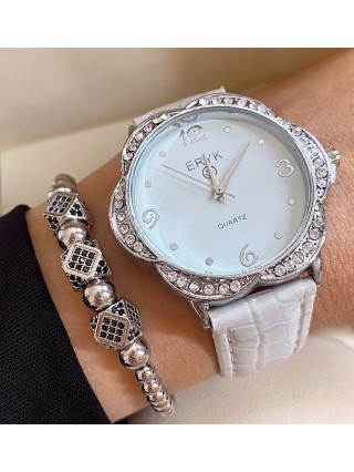 Ceas dama alb cu bratara din piele ecologica si cadran floare