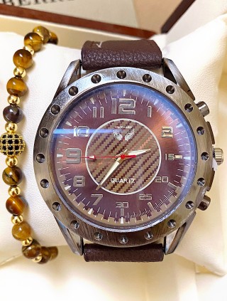 Ceas barbati maro cu bratara din piele ecologica si cadran cu cerc