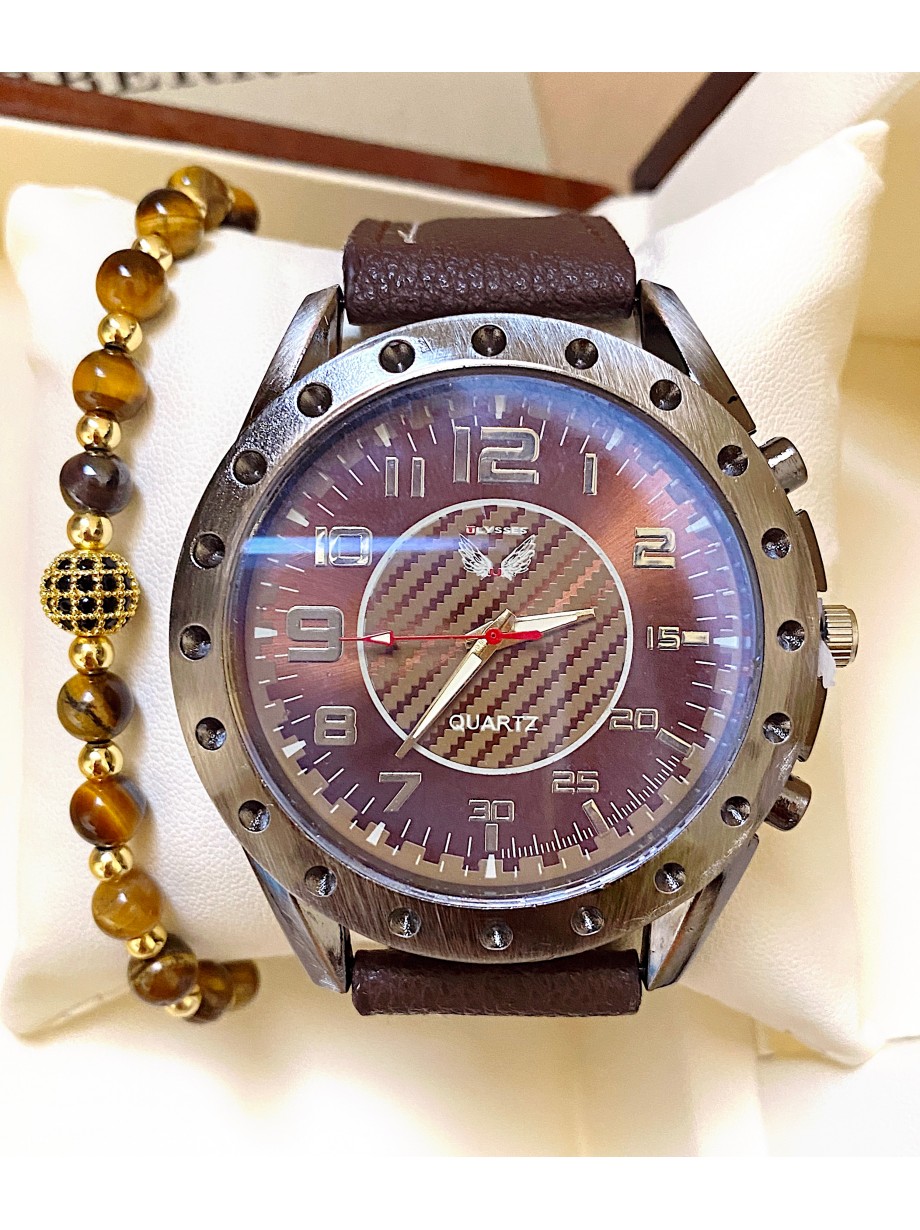 Ceas barbati maro cu bratara din piele ecologica si cadran cu cerc