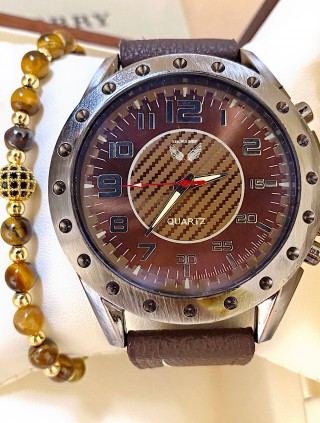 Ceas barbati maro cu bratara din piele ecologica si cadran cu cerc