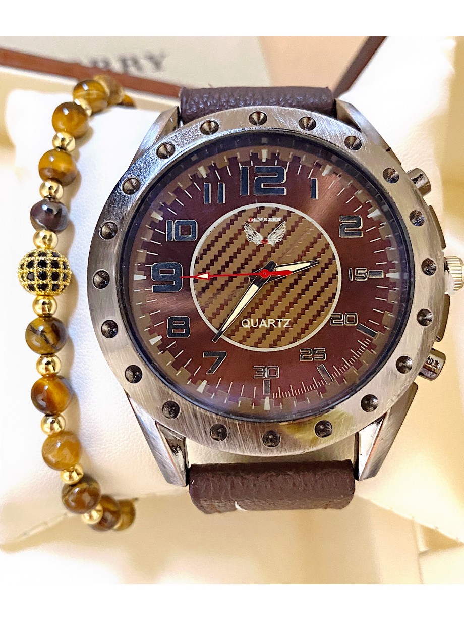 Ceas barbati maro cu bratara din piele ecologica si cadran cu cerc