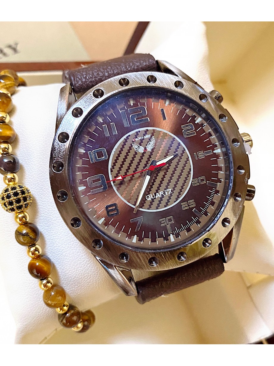 Ceas barbati maro cu bratara din piele ecologica si cadran cu cerc