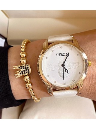 Ceas dama alb cu bratara din piele ecologica si cadran simplu