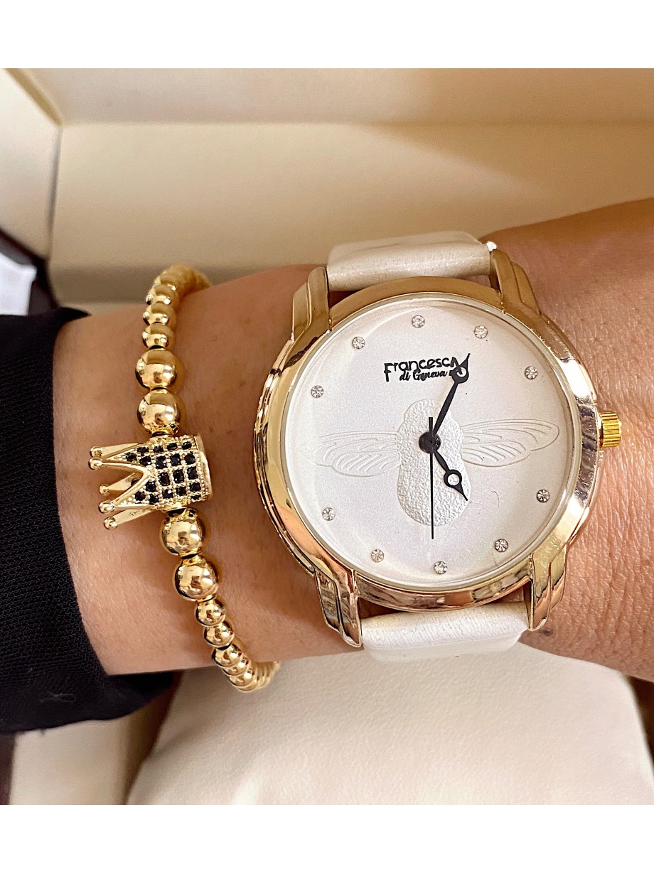 Ceas dama alb cu bratara din piele ecologica si cadran simplu