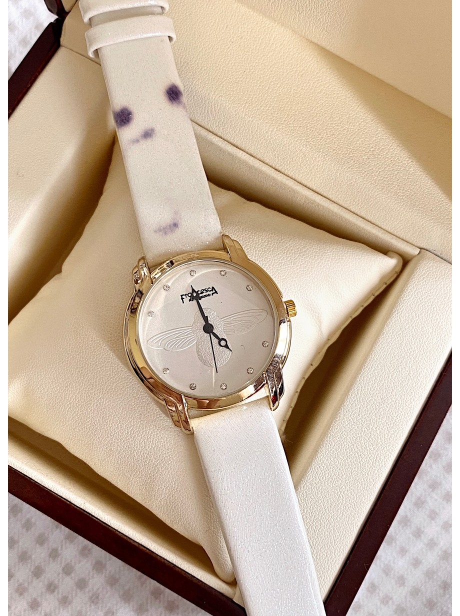 Ceas dama alb cu bratara din piele ecologica si cadran simplu