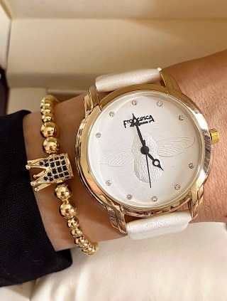 Ceas dama alb cu bratara din piele ecologica si cadran simplu