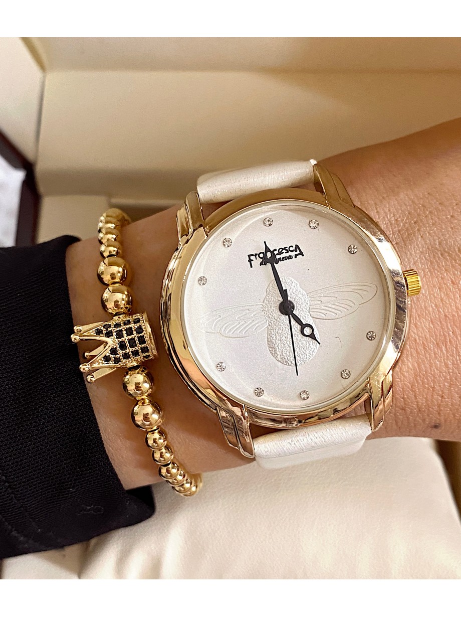 Ceas dama alb cu bratara din piele ecologica si cadran simplu