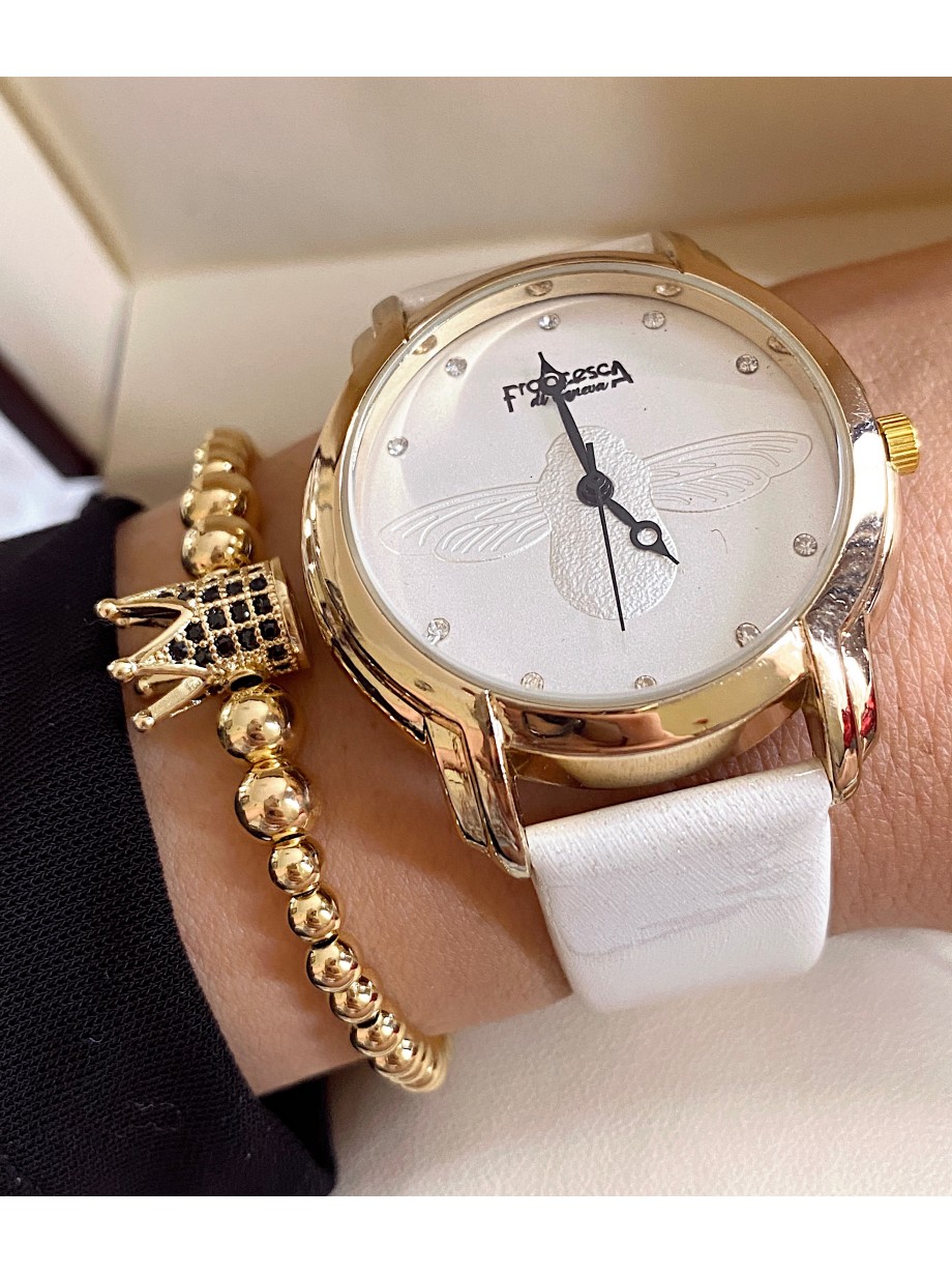 Ceas dama alb cu bratara din piele ecologica si cadran simplu