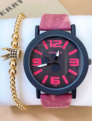 Ceas dama roz cu bratara din piele ecologica si cadran cu 4 cifre