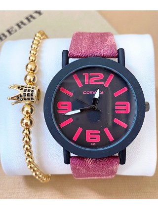 Ceas dama roz cu bratara din piele ecologica si cadran cu 4 cifre