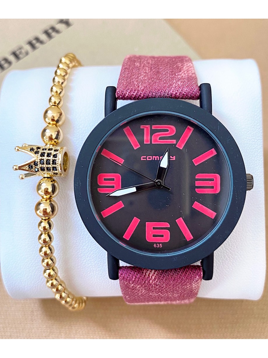 Ceas dama roz cu bratara din piele ecologica si cadran cu 4 cifre