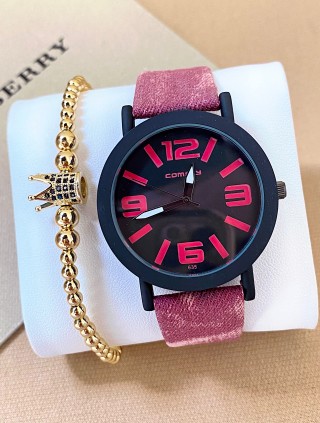 Ceas dama roz cu bratara din piele ecologica si cadran cu 4 cifre