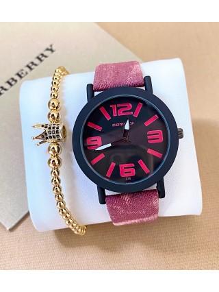 Ceas dama roz cu bratara din piele ecologica si cadran cu 4 cifre