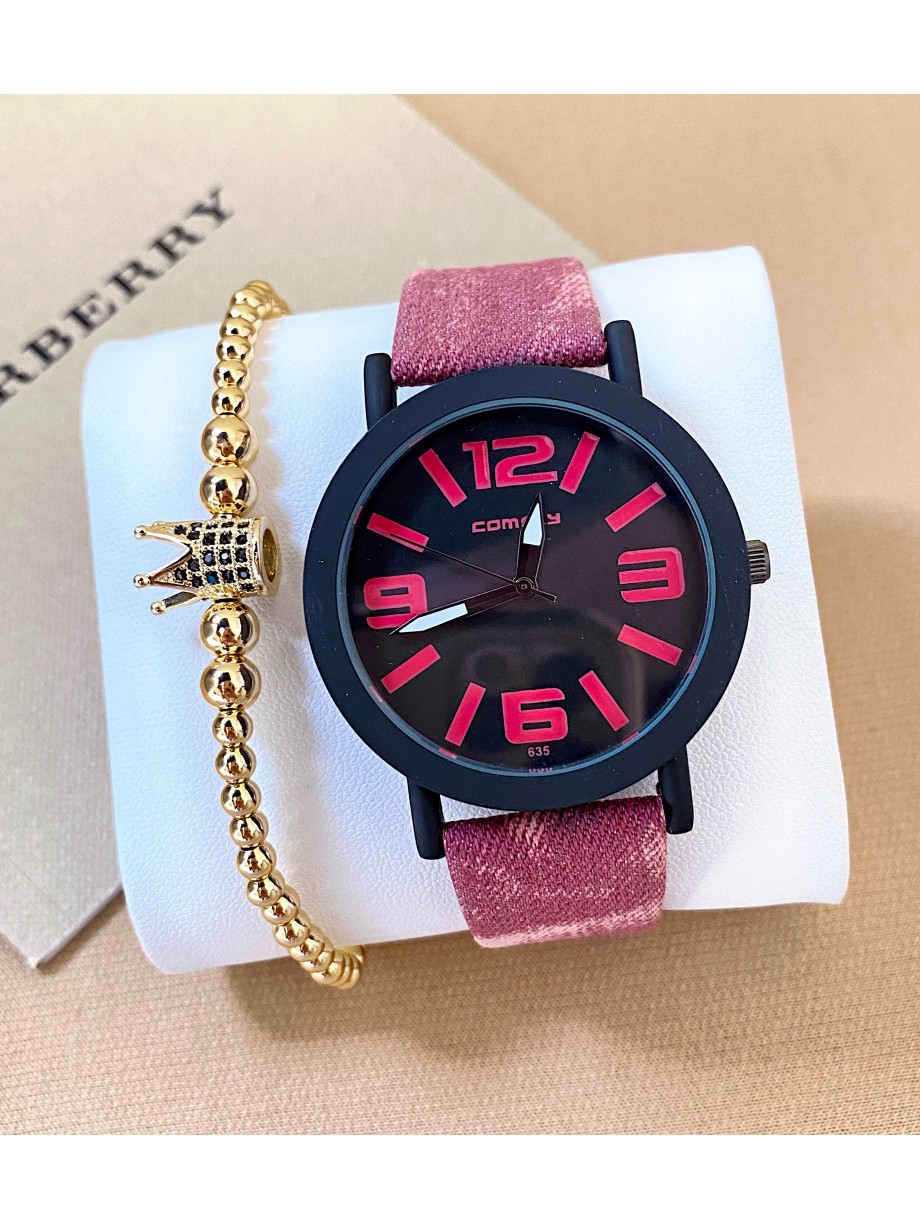 Ceas dama roz cu bratara din piele ecologica si cadran cu 4 cifre