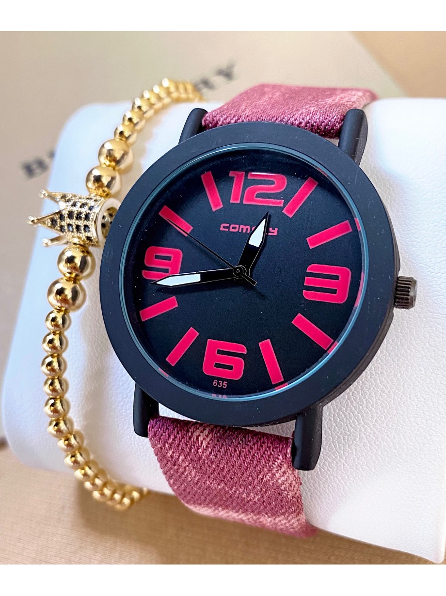 Ceas dama roz cu bratara din piele ecologica si cadran cu 4 cifre