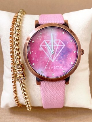 Ceas dama roz cu bratara din piele ecologica si cadran cu diamant