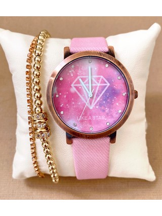 Ceas dama roz cu bratara din piele ecologica si cadran cu diamant