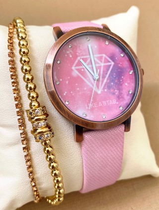 Ceas dama roz cu bratara din piele ecologica si cadran cu diamant