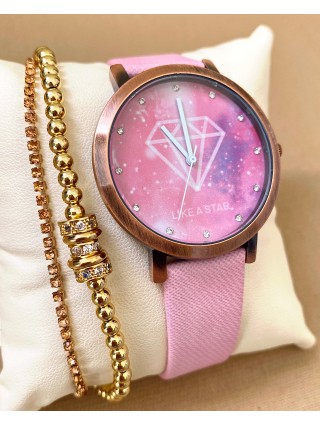 Ceas dama roz cu bratara din piele ecologica si cadran cu diamant