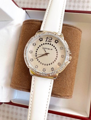 Ceas dama alb cu bratara din piele ecologica si cadran cu floricele