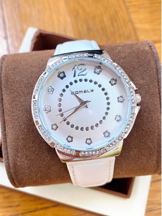 Ceas dama alb cu bratara din piele ecologica si cadran cu floricele