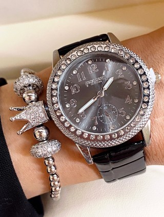 Ceas dama negru cu bratara din piele ecologica si cadran cu pietricele