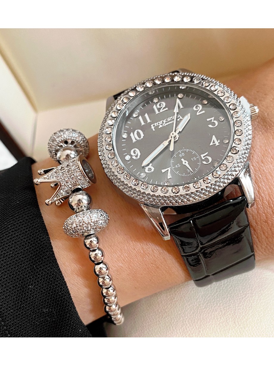 Ceas dama negru cu bratara din piele ecologica si cadran cu pietricele